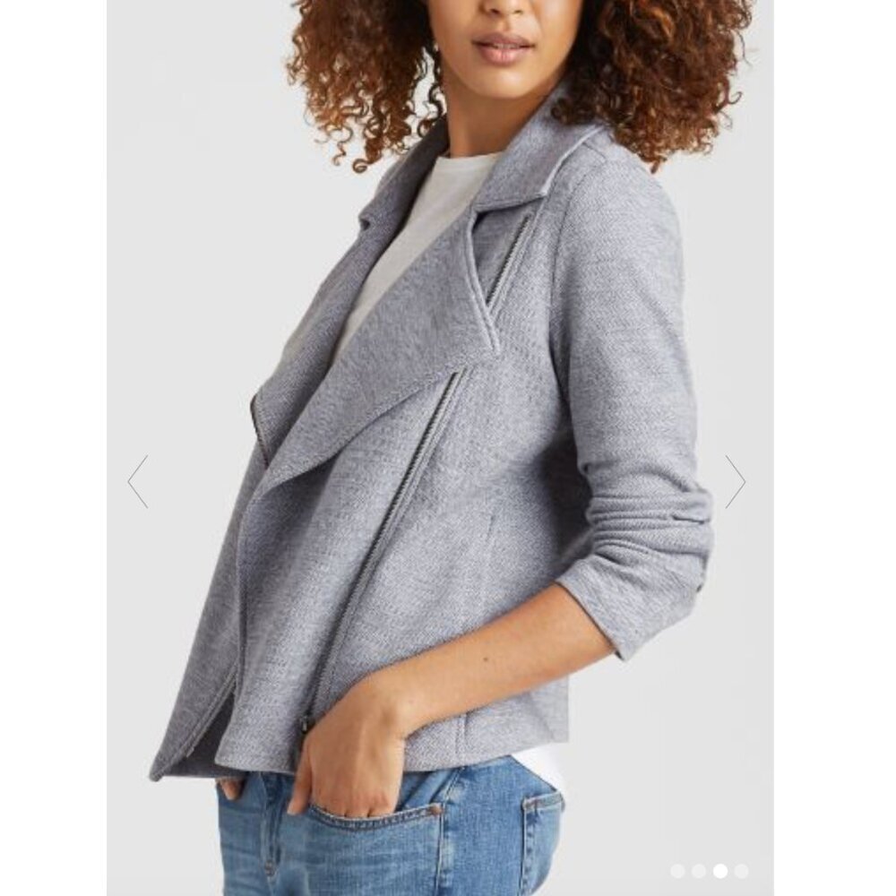 New w/Tags - Eileen Fisher Organic Cotton Herringbone Moto Jacket, Moon, Med - Picture 2 of 13